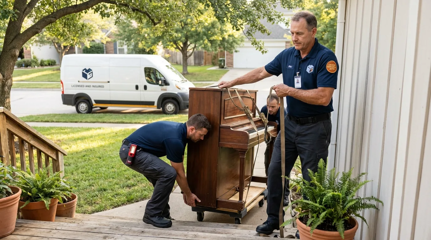 Licensed piano movers securing grand piano in Whitefield, NH
