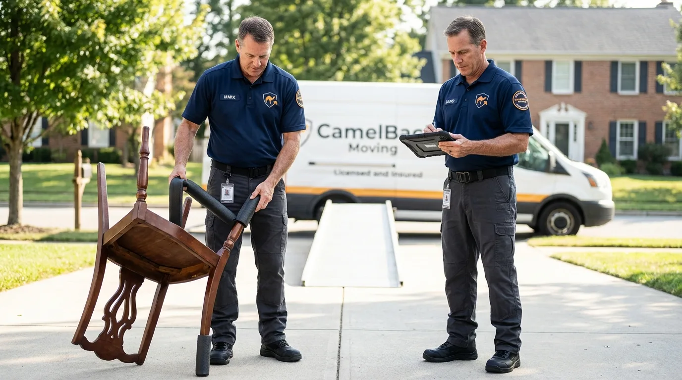 Movers inspecting furniture for damage prevention before loading in Whitefield, NH