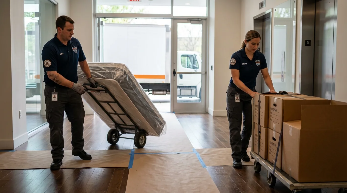 Professional apartment movers loading elevator in Whitefield, NH