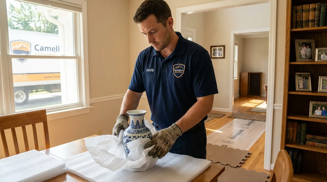 Professional crew carefully wrapping antique vase for senior downsizing move in Whitefield, NH