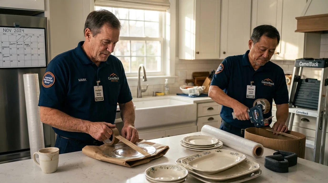 Professional crew packing kitchen dishware in Whitefield, NH
